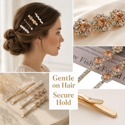 16 Pack Gold Rhinestone Pearl Decorative Bobby Pins Set Cute Hair Barrettes | Gold Hair Clips, Metal Hairs Pin, Small Fancy Bobby Pins for Women, White Bobby Pin, for Women