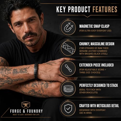 Forge & Foundry Men's Adjustable Black Leather Bracelet | Genuine Woven Leather with Snap Clasp | Design-Led, Artisan Jewelry from London [Navarro] - color: Black - Double Strand, size: Medium