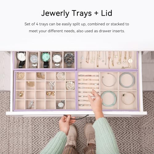 Voova Stackable Jewelry Organizer Tray with Lid (Set of 4, Lavender) | Stackable PU leather jewelry trays with drawer inserts for earrings, rings, necklaces, bracelets and watches; set of 4 - color: Lavender