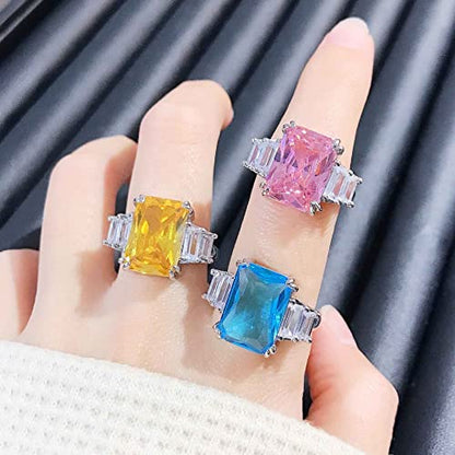 Moissanite Diamond Ring for Women 925 Sterling Silver Shiny Huge CZ Crystal Gemstone Open Adjustable Wedding Ring - color: Yellow