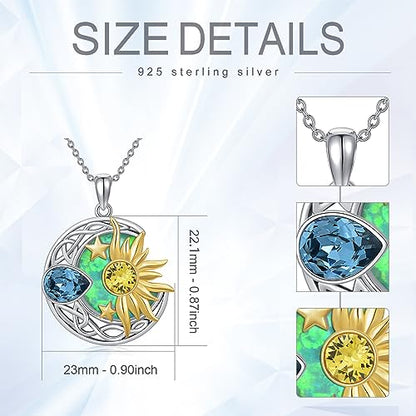 AOBOCO 925 Sterling Silver Moon Sun Star Necklace Celtic Jewelry for Women Girls - color: Silver&Gold&Light Green