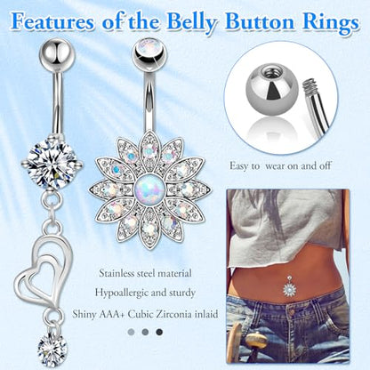Lucomb Belly Rings for Women, 14G Belly Button Rings for Women Stainless Steel Dangle Belly Piercings Jewelry Rings with Hear Moon Butterfly Flowers - color: Silver