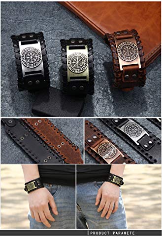 GelConnie Viking Bracelet Punk Leather Cuff Bracelet Gothic Leather Wristband Bracelet with Nordic Amulet Scandinavian Talisman Celtic Pagan Jewelry - color: Brown Compass