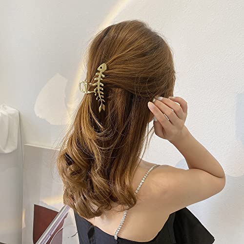 Metal Gold Fishbone Hair Clips Acrylic Large Hair Claw Cross Hairclip Elegant Fish Bone Headband Hairpin Hair Crab Female Lady Nonslip Barrette Hair Accessories for Women Thick or Thin Hairs - color: Gold Fishbone