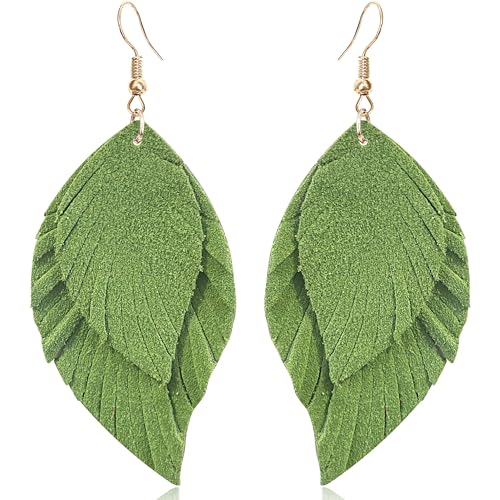 Handmade Bohemian Large Soft Genuine Leather Fringe Double Feather Dangle Drop Earrings Lightweight Simple Color PU Leaf Hook Earrings for Women - color: Green