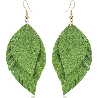 Handmade Bohemian Large Soft Genuine Leather Fringe Double Feather Dangle Drop Earrings Lightweight Simple Color PU Leaf Hook Earrings for Women - color: Green