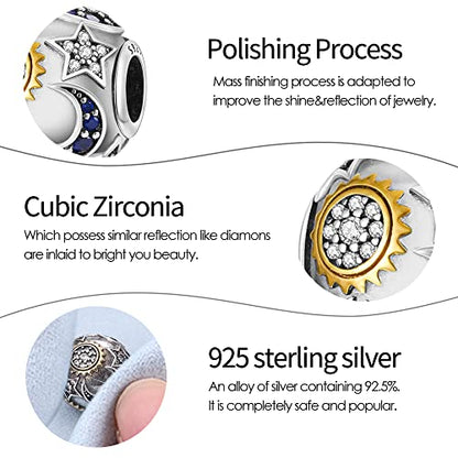 Pandach 925 Sterling Silver Charms for Bracelet&Necklace Dangle Pendant Bead with 5A Cubic Zirconia Stones,Jewelry Beads Gifts for Women - style: Bead Charm Moon Sun Star