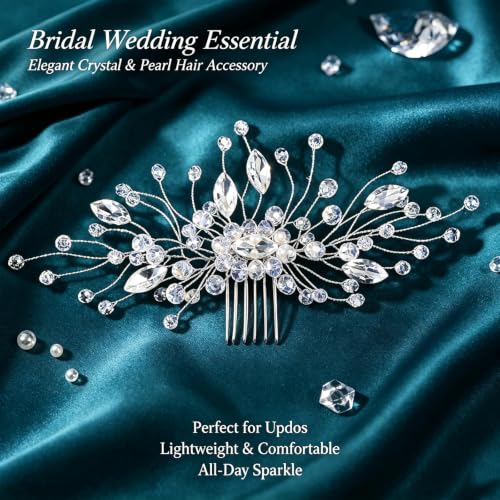 Wedding Hair Comb Pearl Crystal Bridal Hair Piece | Rhinestone Wedding Hair Accessories，Silver Hair Comb Clip for Women Wedding Party - color: Silver-837