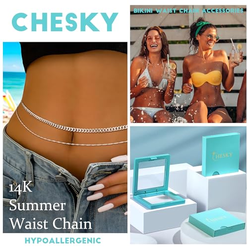 CHESKY 14K Gold Plated Waist Chain for Women, Layered Waist Beads | Silver Plated Gold Body Chains, Beach Summer, Waterproof Snake Belly Belt Chain, Festival Jewelry Accessories for Women - style: cuban wave-sl