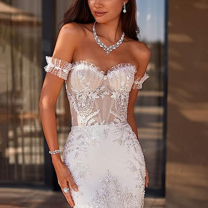 Wedding Bridal Jewelry Set for Women Bride Bridesmaids | Gorgeous Austrian Crystal Teardrop Cluster Statement Necklace Dangle Earrings Link Bracelet Set Prom Jewellery - color: 4Pcs-Clear Rhodium-Tone