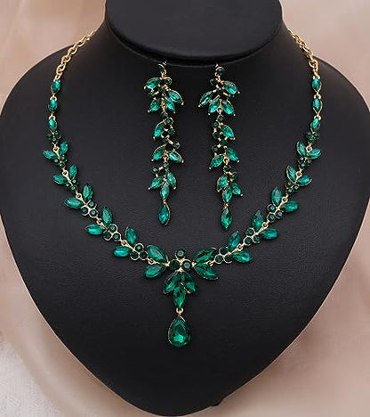 CSY Elegant Bridal Jewelry Sets Wedding Prom Homecoming Gown Accessories | Austrian Marquise Crystal Wedding Necklace Dangle Earrings Tennis Bracelet Ring Set for Bride Women Costume Accessories - color: green crystal-gold tone