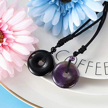 Jovivi 30mm Circle Donut Healing Crystals Necklace Natural Semi-Precious Chakra Gemstone Stone Amulet Lucky Coin Donuts Charm Protection Quartz Reiki Pendant Necklace for Men Women Adjustable Rope - color: 2pcs(Amethyst+Obsidian)