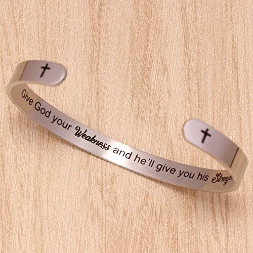 Btysun Bracelets for Women Mothers Day Bracelet Gifts from Daughter Inspirational Gifts for Women Graduation Gifts for Her Motivational Birthday Cuff Bangle Friendship Personalized Mantra Jewelry… - style: Give God your Weakness and he'll give you his Str