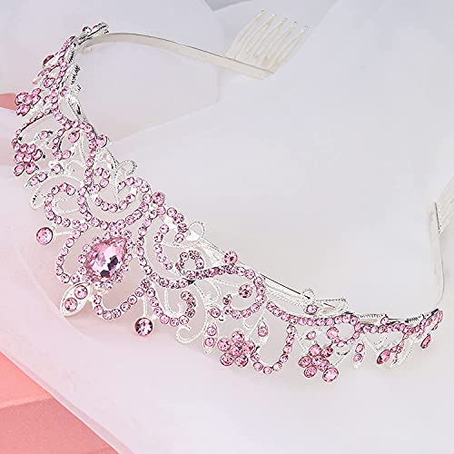 COCIDE Pink Tiara and Crowns for Girls Crystal Headband Princess Rhinestone Crown with Combs Bride Headbands Bridal Wedding Prom Birthday Party Hair Accessories Jewelry for Women and Girls (5 PINK) - color: TD Silver+Pink