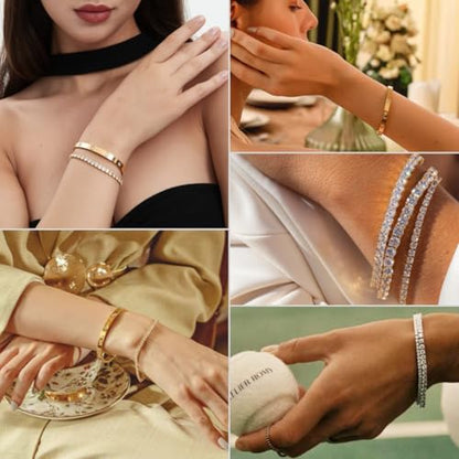 18K Gold Plated Dainty Tennis Bracelets Set 4mm/6mm Love Bangle Bracelets with 3mm/4mm Cubic Zirconia Classic Tennis Bracelet| Gold Bracelets for Women | Size 6.5/7/7.5 Inch - color: 4mm&6mm Gold Tennis Bangle, size: 7.5 Inches