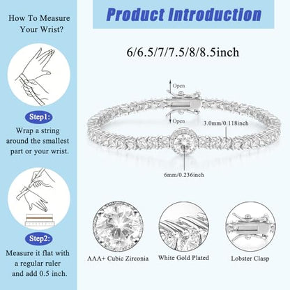 18K Gold Plated 3.0mm Bracelet Classic Hypoallergenic Cubic Zirconia Tennis Bracelet for Women 6.5-8.5 Inch - color: White, size: 6.5 inch