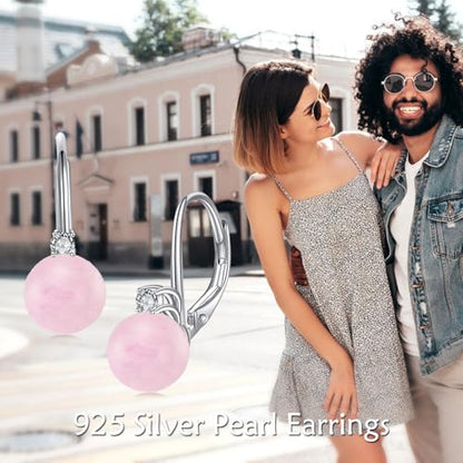 TIGER RIDER Pearl Earrings 925 Sterling Silver Leverback Hypoallergenic Drop Earring Jewelry for Women Birthday Gifts - style: Rose Quartz