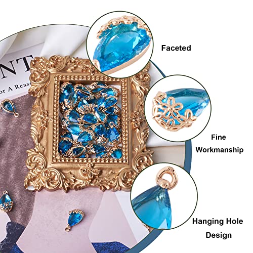 FASHEWELRY 50Pcs Faceted Teardrop Glass Pendants Transparent Crystal Drop Charms with Light Gold Brass Flower Setting for DIY Bracelet Necklace Earring Jewelry Craft Making - color: Light Blue