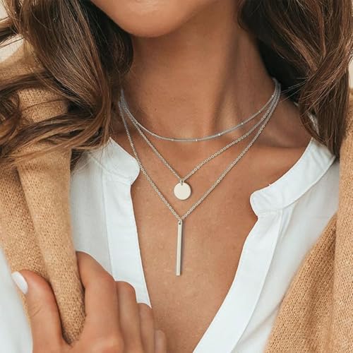 Layered Necklace Pendant Handmade Dainty Choker Bar Layering Long Necklace for Women(Silver) - color: Silver