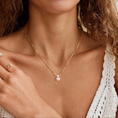 WFYOU Silver Gold Pearl Necklaces for Women 14K Gold Plated Dainty Necklace | Wedding Charm Pendant Necklace, Simple Pearl Necklace Waterproof Non Tarnish, Pearl Jewelry, Mothers Day Bridesmaid Gifts - color: Gold, size: 8mm