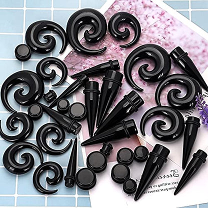 Qmcandy 00G-20mm Ear Stretching Kit 36PCS Big Gauge Taper Kit Large Acrylic Tunnel Plug Spiral Set - color: 36pcs, Black