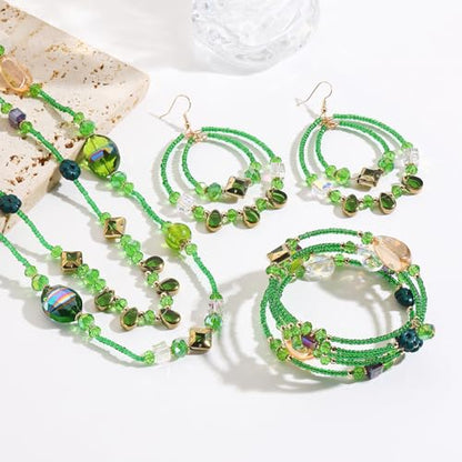 Bocar Bohemian Handmade Beaded Jewelry Set for Women 3 Pcs Layered Necklace Hoop Earrings Wrap Bracelet Set Boho Summer Vacation Jewelry Gift (NK-10834) - color: Green