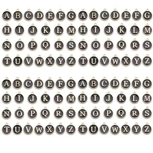 A-Z Letter Charms Round Enamel Alphabet Initial Pendant for Jewelry Making,Double-Side for Necklace Bracelet Earring DIY Craft - color: 4 sets(104pcs)-Black