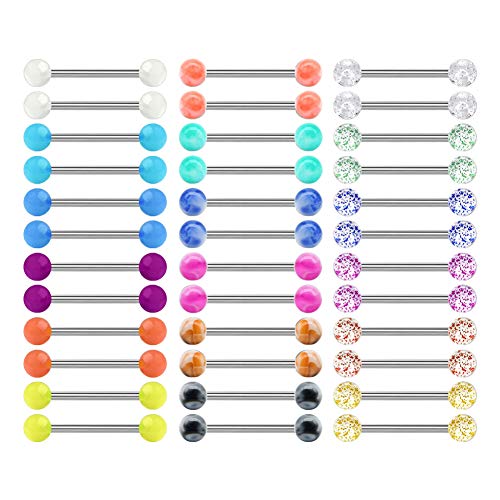 Mayhoop 14G 36Pcs Stainless Steel Nipple Rings Tongue Rings Straight Barbell Bars Piercing 14mm 16mm 18mm in Length for Women Men - color: Stainless - 16mm (5/8")