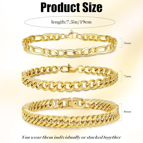 3PCS Stainless Steel Chain Bracelets for Men Women Gold Cuban Figaro Link Chain Bracelet Men's Curb Chain Bracelets Twisted Wrist Bracelets 7/7.5/8.3/9 Inches - color: Gold
