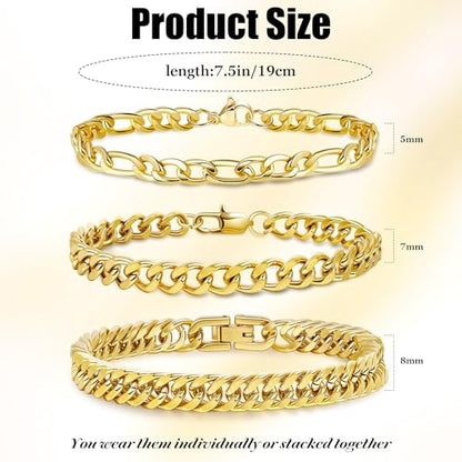 3PCS Stainless Steel Chain Bracelets for Men Women Gold Cuban Figaro Link Chain Bracelet Men's Curb Chain Bracelets Twisted Wrist Bracelets 7/7.5/8.3/9 Inches - color: Gold
