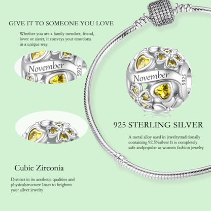 925 Sterling Silver Lucky Clover Birthstone Charms for Bracelets Dangle Pendant with 5A Cubic Zirconia Compatible Pandora Bracelets, Ladies Birthday Gift - style: 11-November