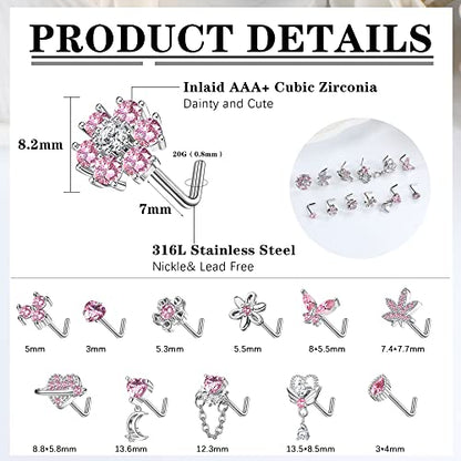 Sanfenly 12 PCS 20G Nose Rings Surgical Stainless Steel, L Shaped Nose Studs for Women Men, CZ Heart Butterfly Flower Leaf Moon Dangle Cute Nose Piercings Studs Screw Jewelry Pink/Purple/Blue/Clear - color: Pink