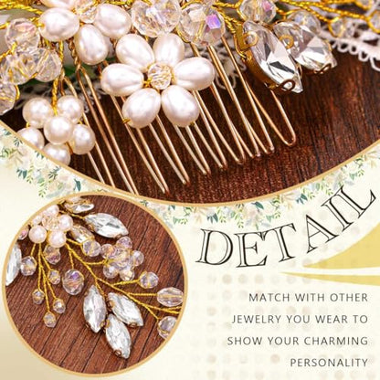JAKAWIN Wedding Hair Accessories Bridal Hair Pieces Pearl Hair Comb | Rhinestone Bride Prom Hairpiece for Women - color: B Gold