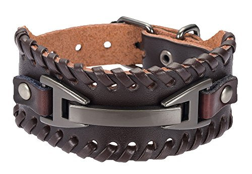 Leather Bracelet for Men Braided Stainless Steel Mens Bracelets - color: Brown 1
