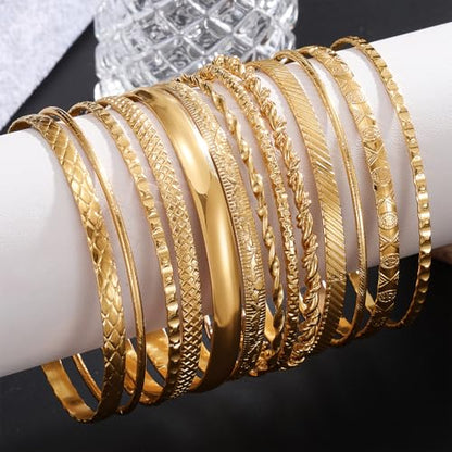 17IF Gold Bangle Bracelet For Women, 14k Multilayer Charm Textured Stackable Bracelets Boho Indian Chunky Cuff Fashion Jewelry Gift - style: 13 Pcs