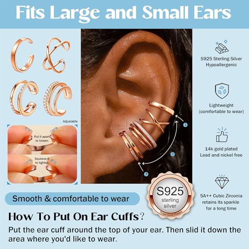 JeryWe 4 Pcs 925 Sterling Silver Ear Cuff for Women Non Piercing Adjustable Ear Cuff Earrings Clip On Cartilage Helix Wrap Ear Jewelry Set - color: Rose gold