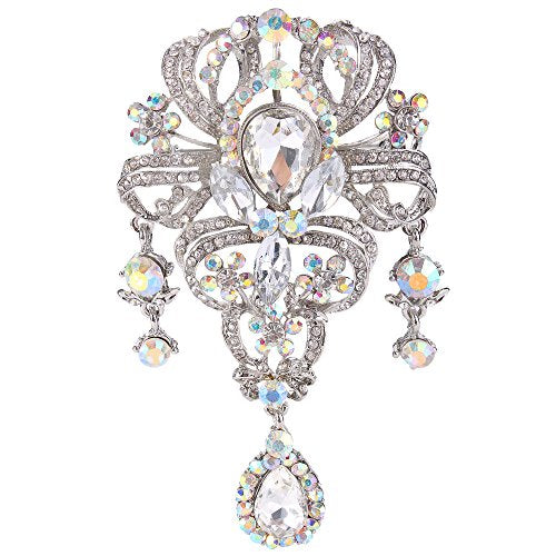 EVER FAITH Austrian Crystal 3.8 Inch Vintage Style Teardrop Flower Brooch - color: Silver-Tone Iridescent Clear AB