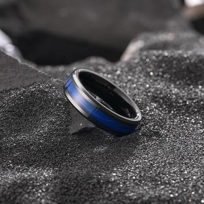 King Will Mens Galaxy Tungsten Wedding Band | 6mm/8mm, Beveled Edge, Comfort Fit, Durable, Sandstone Opal Inlay Polished, Everyday Wear - color: Black&Blue-6mm