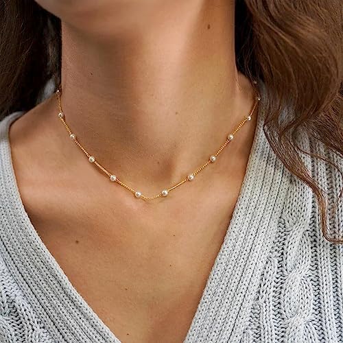 DIBOLA Dainty Pearl Necklaces for Women 14K Gold/Silver Plated Cute Single Pearl Necklace Elegant Small Tiny Pearl Choker Thin Chain Necklace Simple White Pearl Drop Y Long Necklace Freshwater Pearled Pendant Necklace Pearls Jewelry Gift - color: Satellit