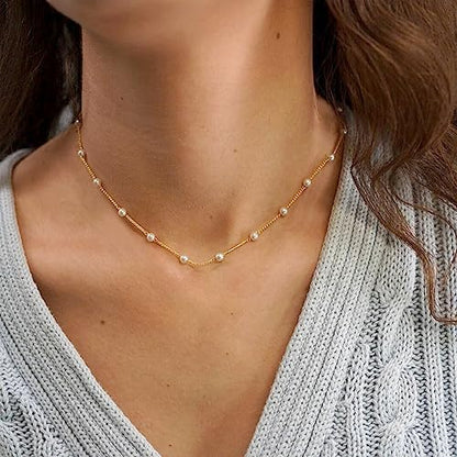 DIBOLA Dainty Pearl Necklaces for Women 14K Gold/Silver Plated Cute Single Pearl Necklace Elegant Small Tiny Pearl Choker Thin Chain Necklace Simple White Pearl Drop Y Long Necklace Freshwater Pearled Pendant Necklace Pearls Jewelry Gift - color: Satellit