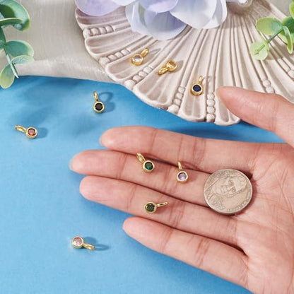 9Pcs Cubic Zirconia Charms Flat Round Brass Golden Plated Pendants Faceted Crystal Drop Birthstone Dangle Charms for DIY Necklace Earring Jewelry Making 10.5x5.5x3.5mm - color: Flat Round