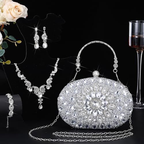 Quelay 4 Pcs Purse Rhinestone Jewelry Set Women | Wedding Bridal Prom Jewelry Sparkly Clutch Handbag with Necklace Bracelet Dangle Earrings Shiny Costume Kit - color: Silver, style: Traditional