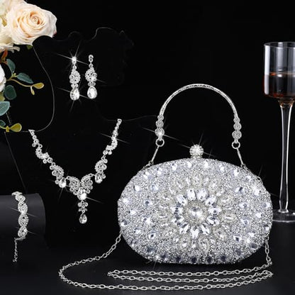 Quelay 4 Pcs Purse Rhinestone Jewelry Set Women | Wedding Bridal Prom Jewelry Sparkly Clutch Handbag with Necklace Bracelet Dangle Earrings Shiny Costume Kit - color: Silver, style: Traditional