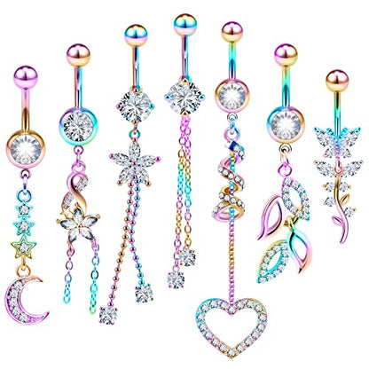 7PCS 14G 10mm Stainless Steel Dangle Belly Button Rings for Women Belly Piercing CZ Inlaid - style: Rainbrow