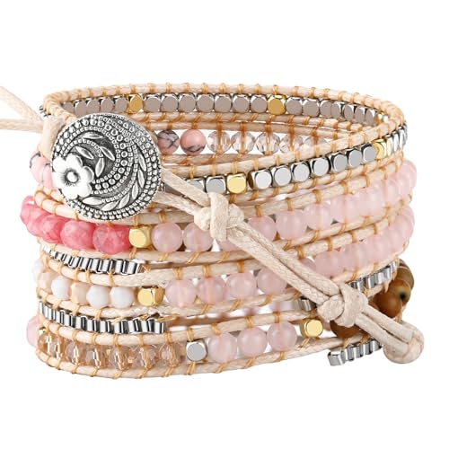 Boho 5 Wrap Bead Bracelet for Men Women - Handmade Adjustable Natural Chakras Stone Crystal Beaded Bracelets Cuff Rope Yoga Healing Bracelet Bangle Hippie Jewelry - color: Pink