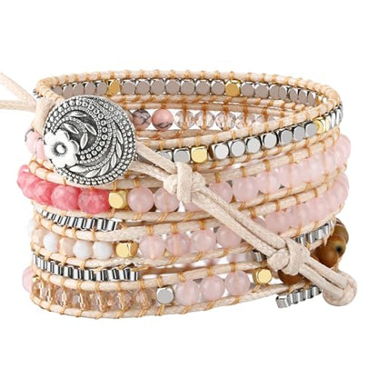 Boho 5 Wrap Bead Bracelet for Men Women - Handmade Adjustable Natural Chakras Stone Crystal Beaded Bracelets Cuff Rope Yoga Healing Bracelet Bangle Hippie Jewelry - color: Pink