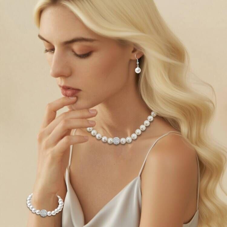 Pearl Jewelry Set for Women Faux Pearl Costume Jewelry Set with Necklace, Bracelets, Ring, Earrings for Wedding Bridal Birthday Tea Party - color: 5Pcs White