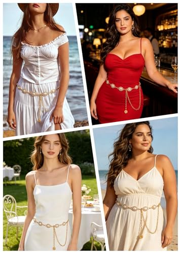 WELROG Metal Waist Chain Belt for Women - Pearls Gold Silver Chain Belts for Dresses Jeans - color: Oval Pearl - Gold