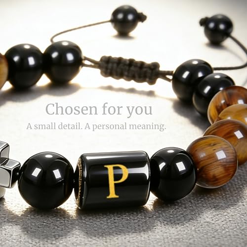 Initial Mens Bracelet with Cross - Religious Faith Beaded Bracelt Gift for Him Man Male Friend, Adjustable Tiger Eye Black Onyx Beads Braclet for Birthday Confirmation Sponsor Anniversary - color: Braided Rope-P