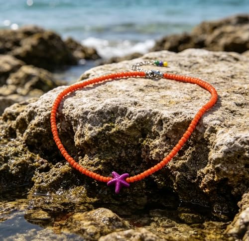 Seed Bead Choker Necklace for Women Bohemian Tiny Beads Choker Colorful Rice Bead Starfish Choker Summer Surfer Beach Necklace Jewelry Gift - color: Orange